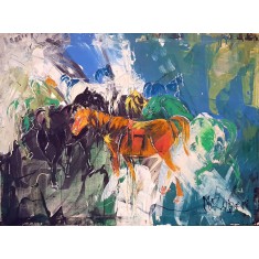 Mansoor Zuberi, 36 x 48 Inch, Oil on Canvas, Horse Painting, AC-MNZ-001